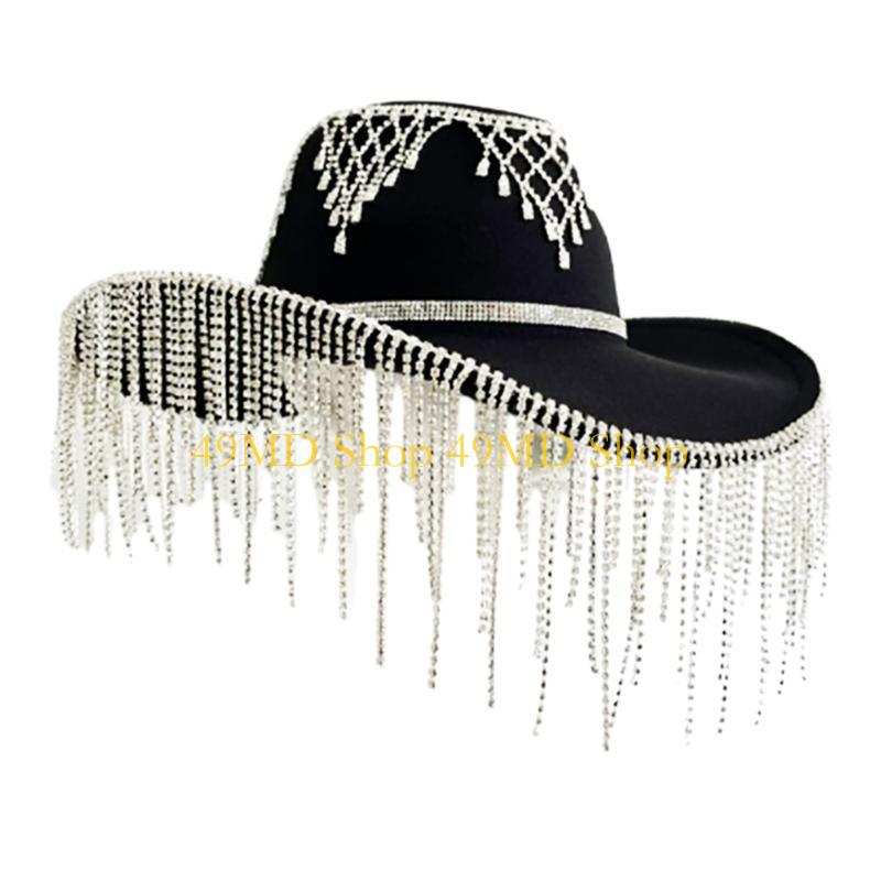 49MD Female Rhinestones Tassels Cowgirl Cap Summer Music Festival Hat Street Cap