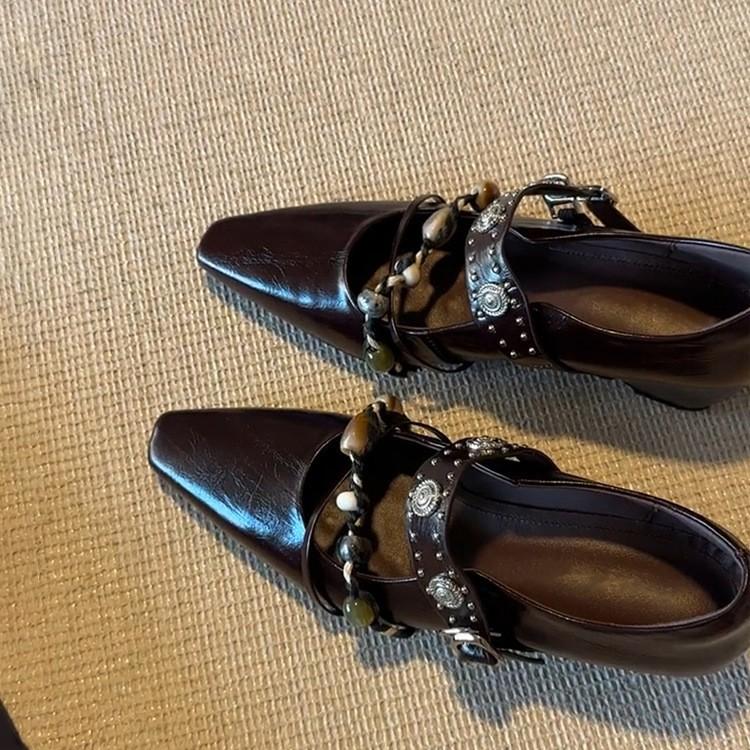 Sheepskin Version~ Retro Style Rivets Beaded Square Head Inner Height Increase Mary Jane Shoes Women's Shallow Mouth Word with Temperament Single Shoe