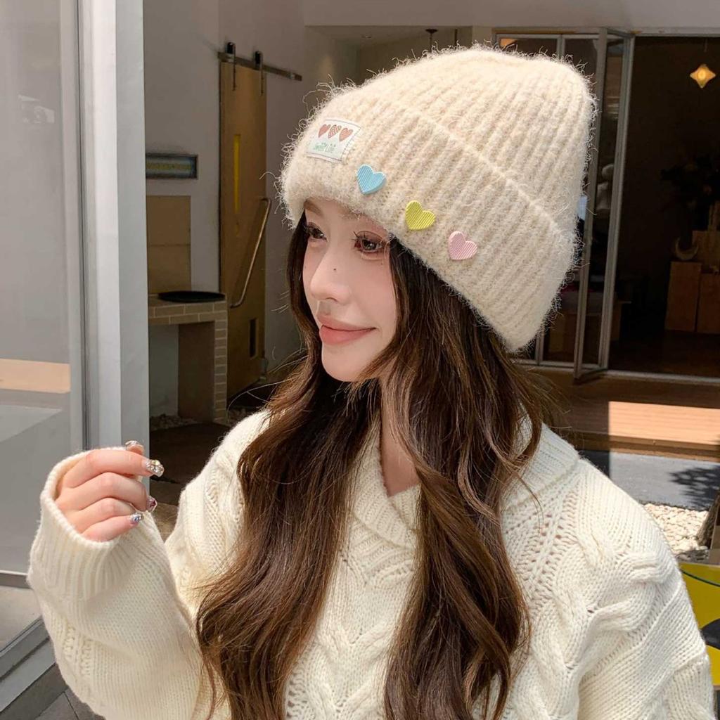 Color Love Cloth Label Knitted Hat Women, Soft Waxy Vertical Curled Edge Cold Hat, Sweet Wool Hat In Autumn and Winter