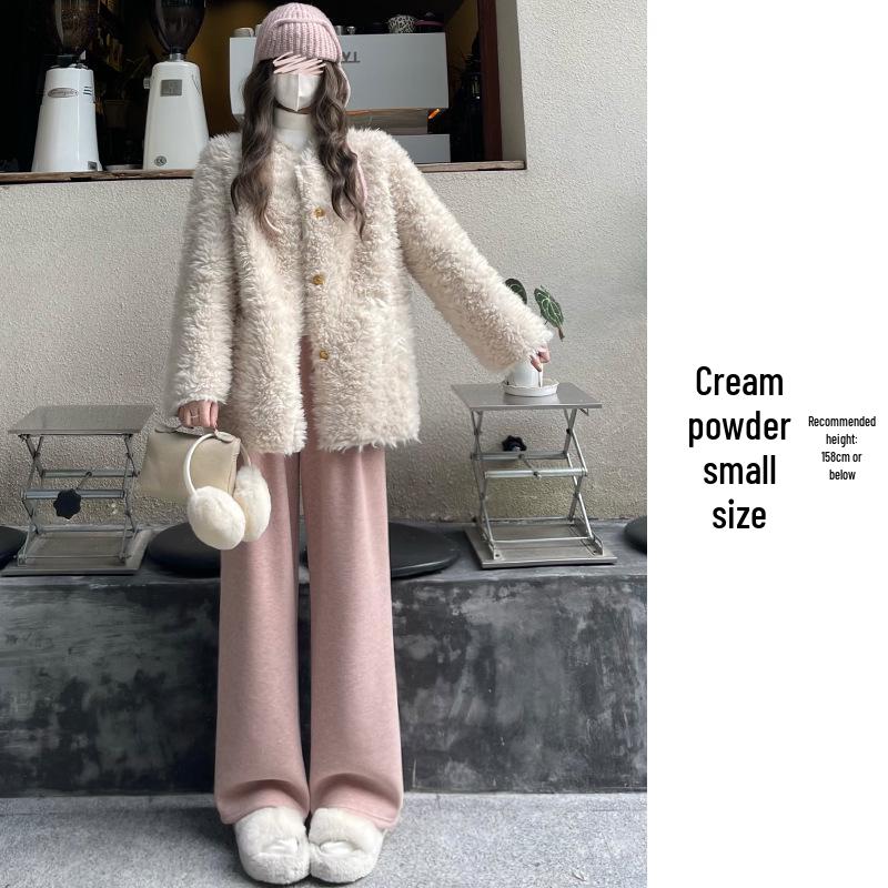 

Women s High-Waisted Coffee Petite Wide-Leg Pants, Fleece-Lined for Autumn/Winter 2025, Loose Fit with Good Drape, Casual Style. M