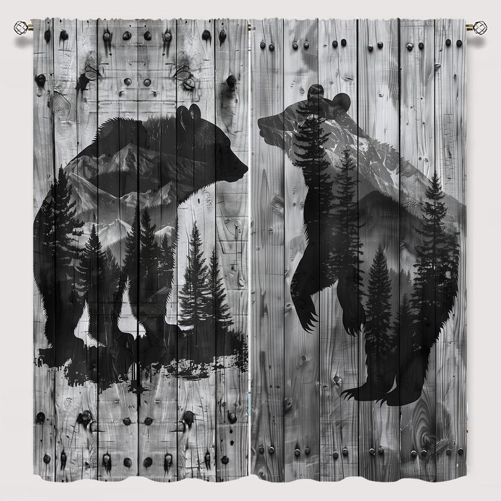 Rustic Bear Window Curtains for Kid Girls Boys Bedroom, Vintage Cabin Wildlife Animal Bears Rod Pocket Darkening Thermal