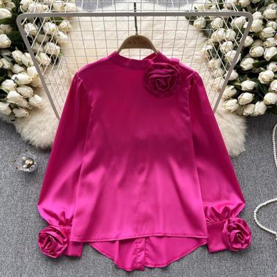 Women's Shirt Three-dimensional Flowers Long-sleeved Temperament Satin Blouse Spring Tops