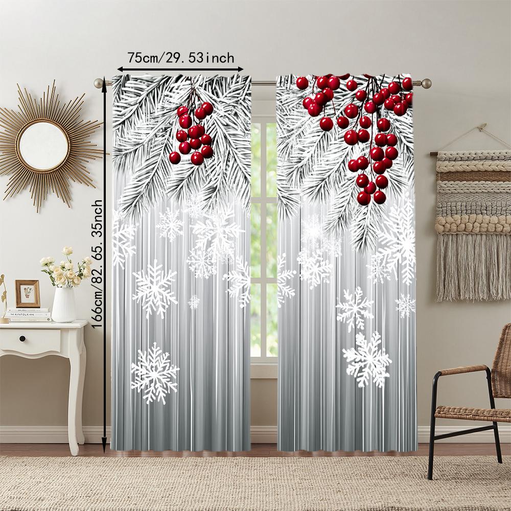 Set Of 2 Christmas Snowflake Red Berry Print Polyester Material Window Curtains Design Easy Hanging Perfect Curtain Made With Rod Pocket