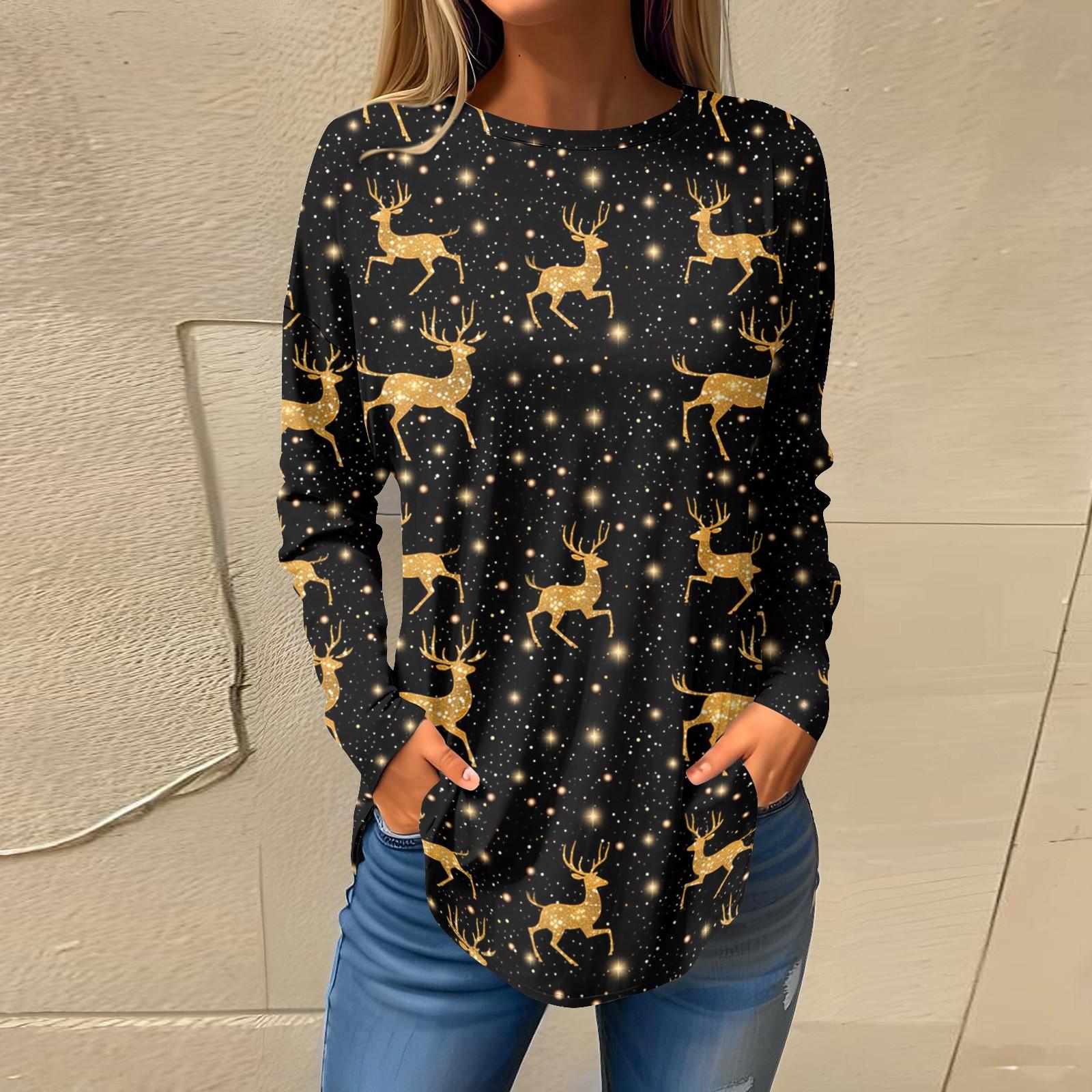 

Футболки для женщин, осенние повседневные рубашки с длинным рукавом, толстовки с винтажным графическим принтом, топы, пуловеры, рождественские XL жёлтый