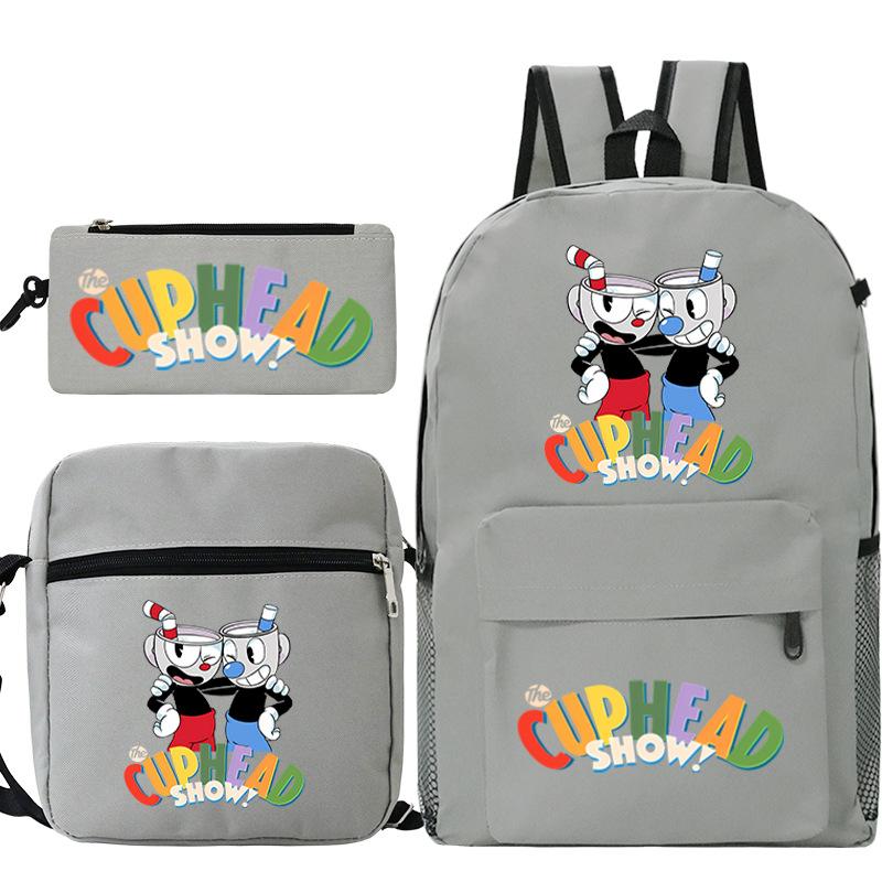 Cartoon Teacup Head Cuphead Student School Bag Backpack Three-piece Set Children's Shoulder Bag Pencil Bag