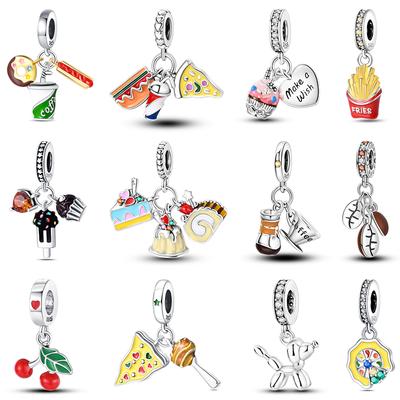 Plata de Ley 925 Real Chocolate Pizza Pastel Patatas Fritas Comida Amuletos Cuentas Ajuste 925 Pulseras Originales DIY Joyería Linda Regalos