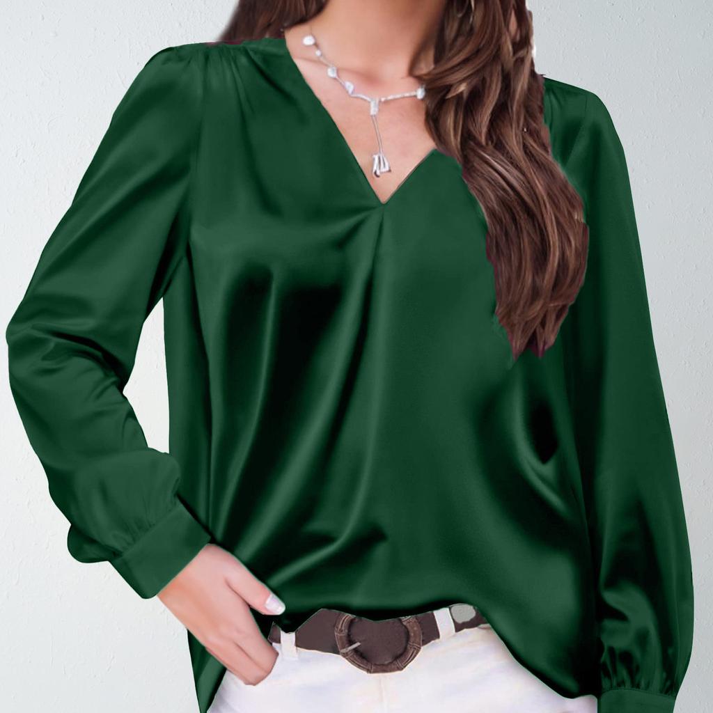 Women's satin pleated long-sleeved top with a V-neck, casual loose tinted commuter shirt
