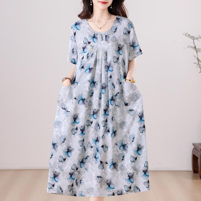 Übergröße, langes Sommerkleid mit Vintage-Druck für Damen, elegantes, kurzärmeliges, lockeres Sommerkleid in Übergröße
