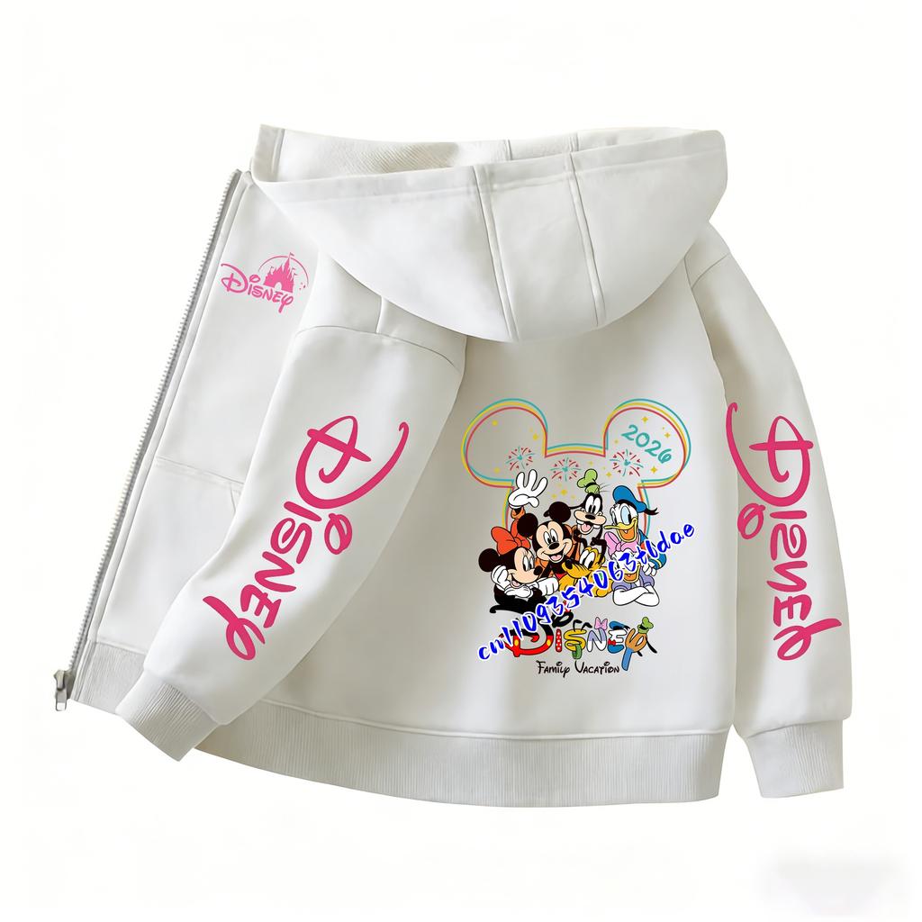 2026 Family Trip Kids Zip Up Hoodie Cute Cartoon Mouse & Friends Graphic Casual Hooded Jacket