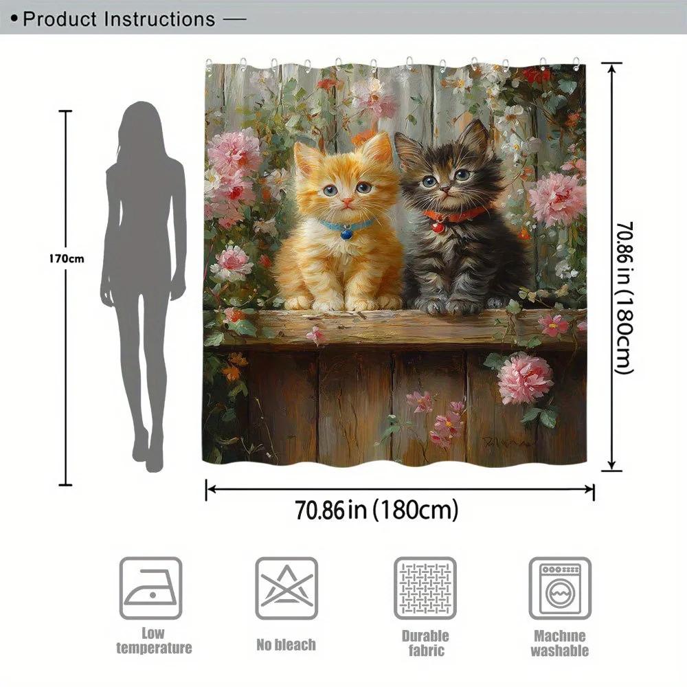 Polyester Bath Curtain - 70x70 Inches, Orange & Gray Kittens with Pink & White Flowers, Realistic Whimsical Design, 12 Hooks
