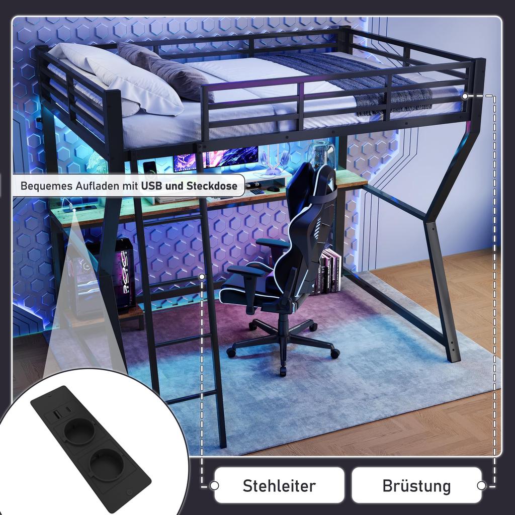 Hochbett Schreibtisch 90x200cm Kinder/Erwachsene, Ambientelicht, Steckdosen & USB, Metallbettgestell Lattenrost, Schwarz (ohne Matratze)