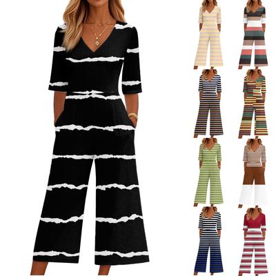 Damen Lockerer Lässiger V-Ausschnitt Bedruckter Jumpsuit Slim Fit Weitbeiniger Jumpsuit Weitbeiniger Jumpsuit