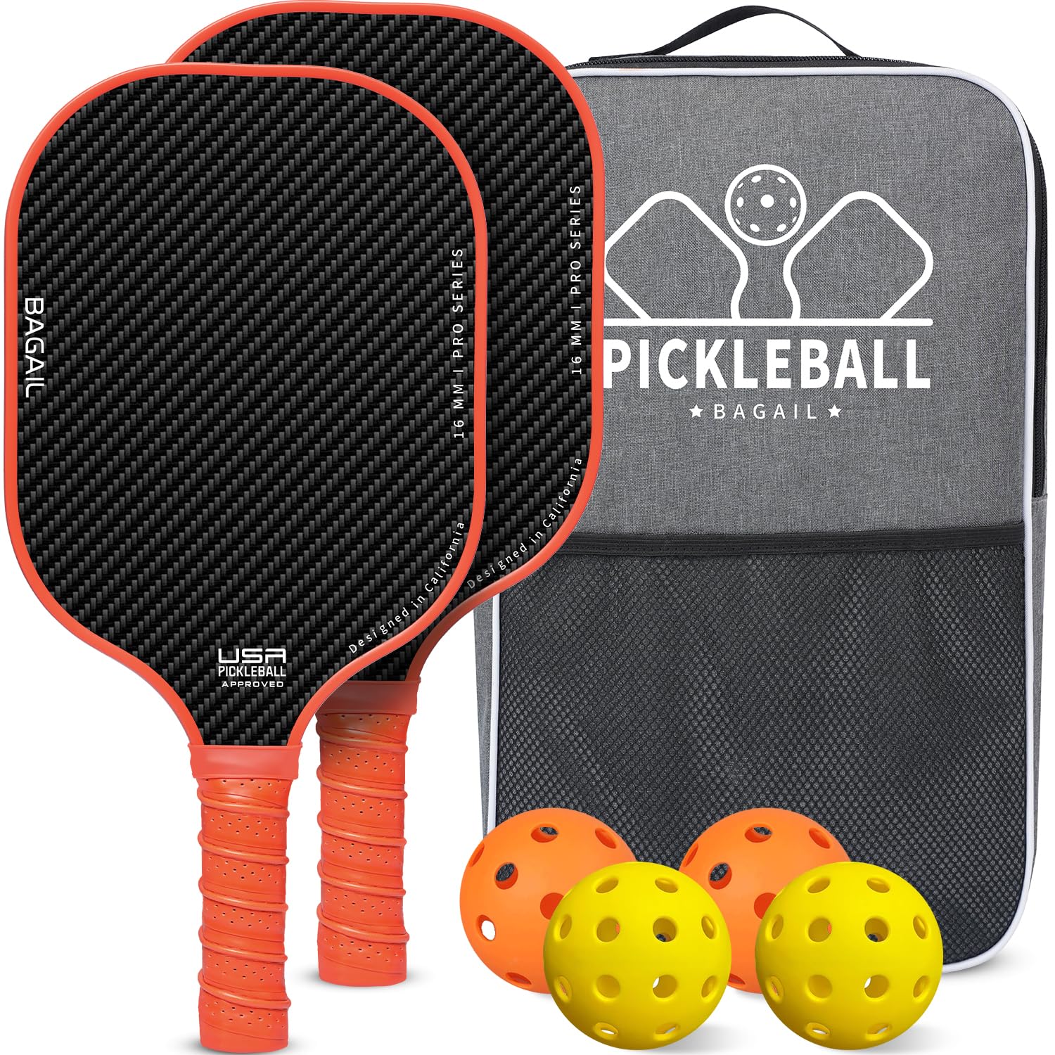 

BAGAIL Pickleball Pickleball USAPA Honeycomb Pickleball Carry Bag Pickleball Gift for Beginners and Orange Paddles, Rackets, Approved, Non-Slip