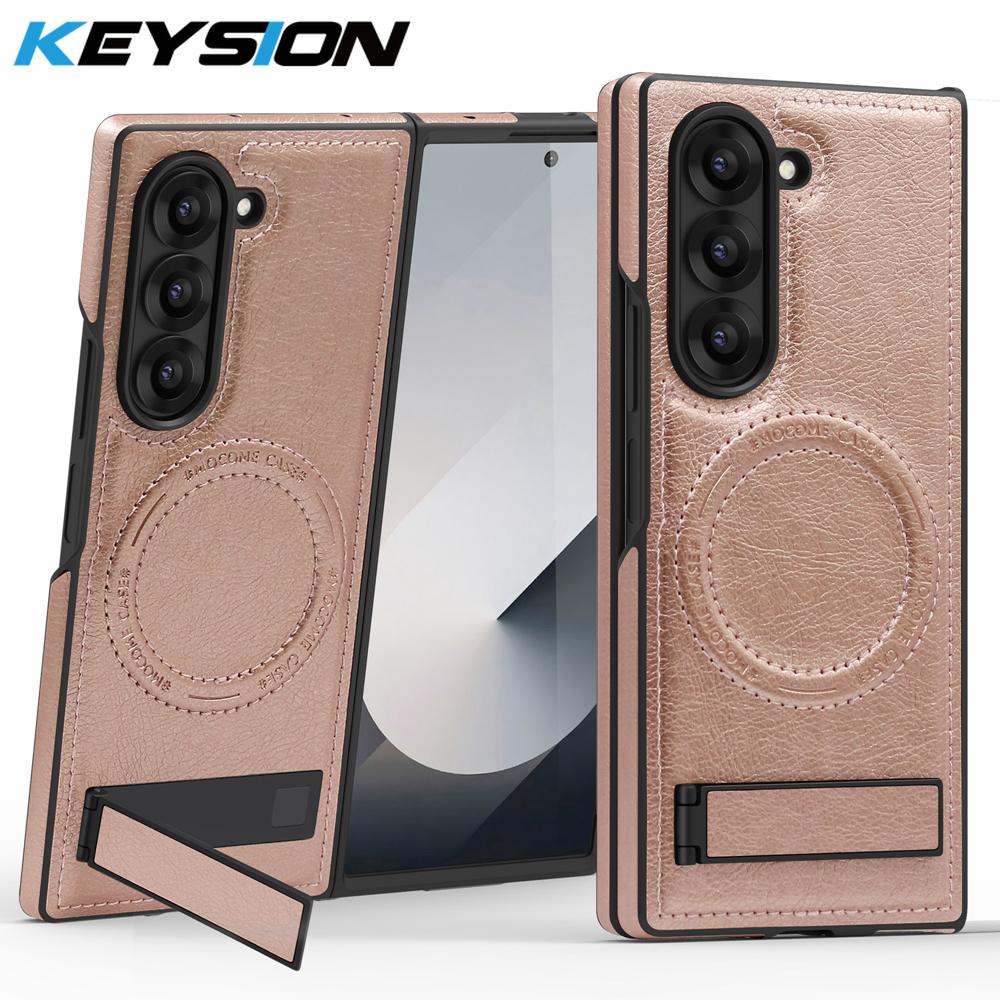 KEYSION Luxusní PU kožené magnetické pouzdro pro MagSafe pro Samsung Galaxy Z Fold 6 5 4 3 5G Kickstand Bezdrátové nabíjení Kryt telefonu