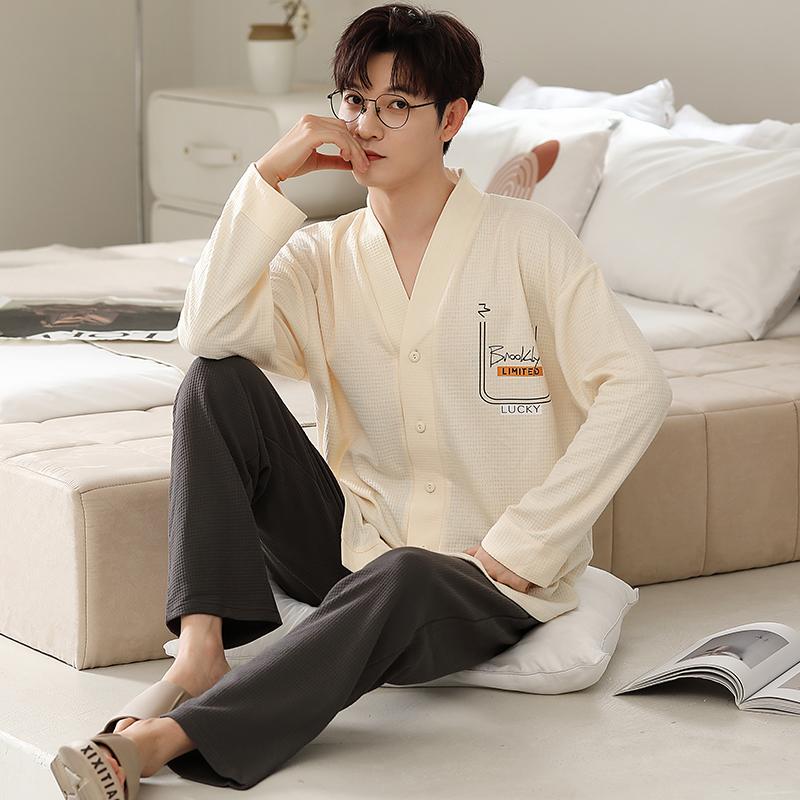 Herren Kimono Langarm Pyjama Set Cardigan Baumwolle Frühling und Herbst Loungewearkoreanische Mode Loungewear