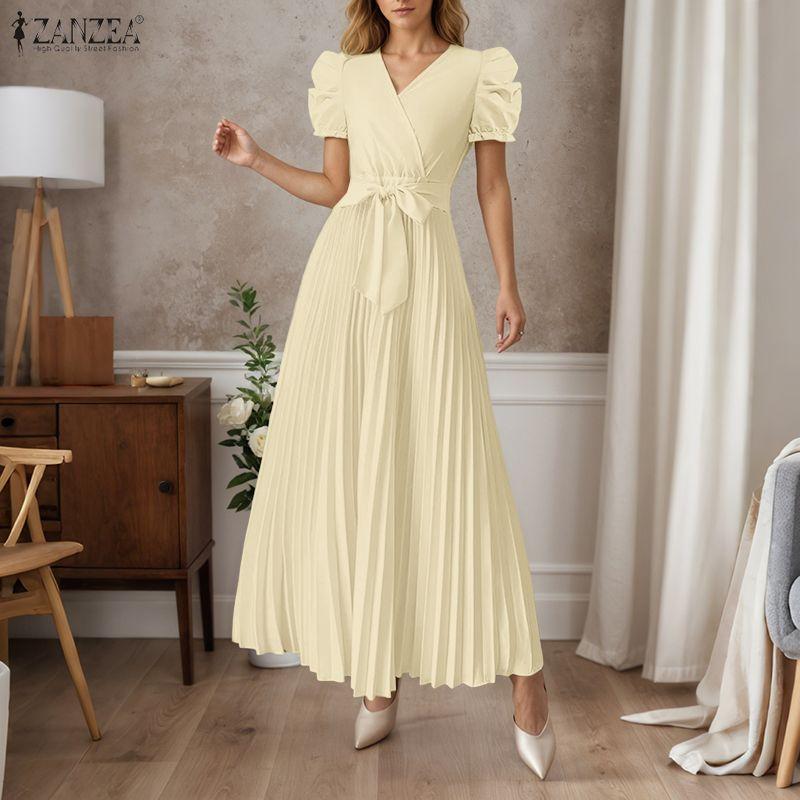 ZANZEA Women Casual V-neck Puff Short Sleeve Summer Long Dress
