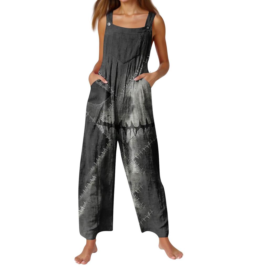 Women's Fashion Halloween Print Casual Vintage Sleeveless Button Jumpsuit