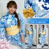 RAVIR Yukata White and Blue Bold Floral Fluffy Obi and Geta One Size Fits All Women's 3-Piece Set, Contrast, Pattern, Belt, Sandals, Blue,