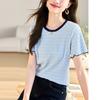 French Fungus Edge Short-sleeved T-shirt Women's Summer Contrasting Short Front Shoulder Top