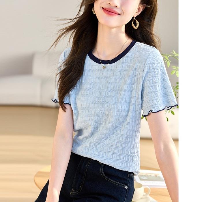 French Fungus Edge Short-sleeved T-shirt Women's Summer Contrasting Short Front Shoulder Top