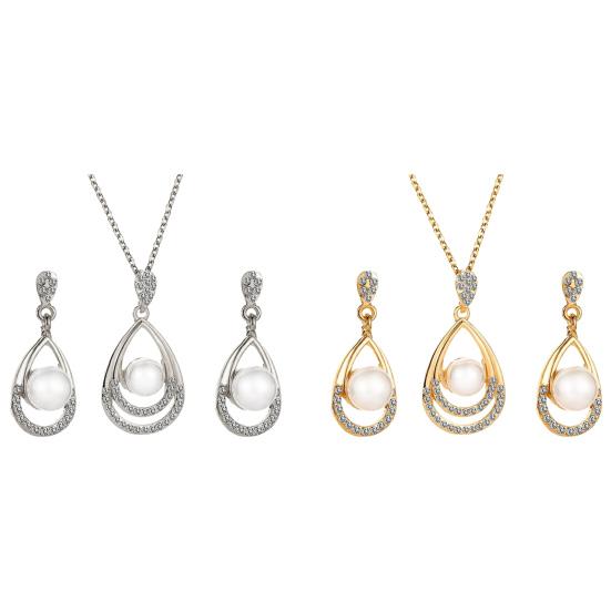 Damen-Halsketten-Ohrring-Set, Kunstperlen-Strass-Dekor, Wassertropfen-Form, ausgehöhlt, exquisiter Edelstahl-Hals-Ohr-Dekoration-Schmuck, hängende Ohrringe