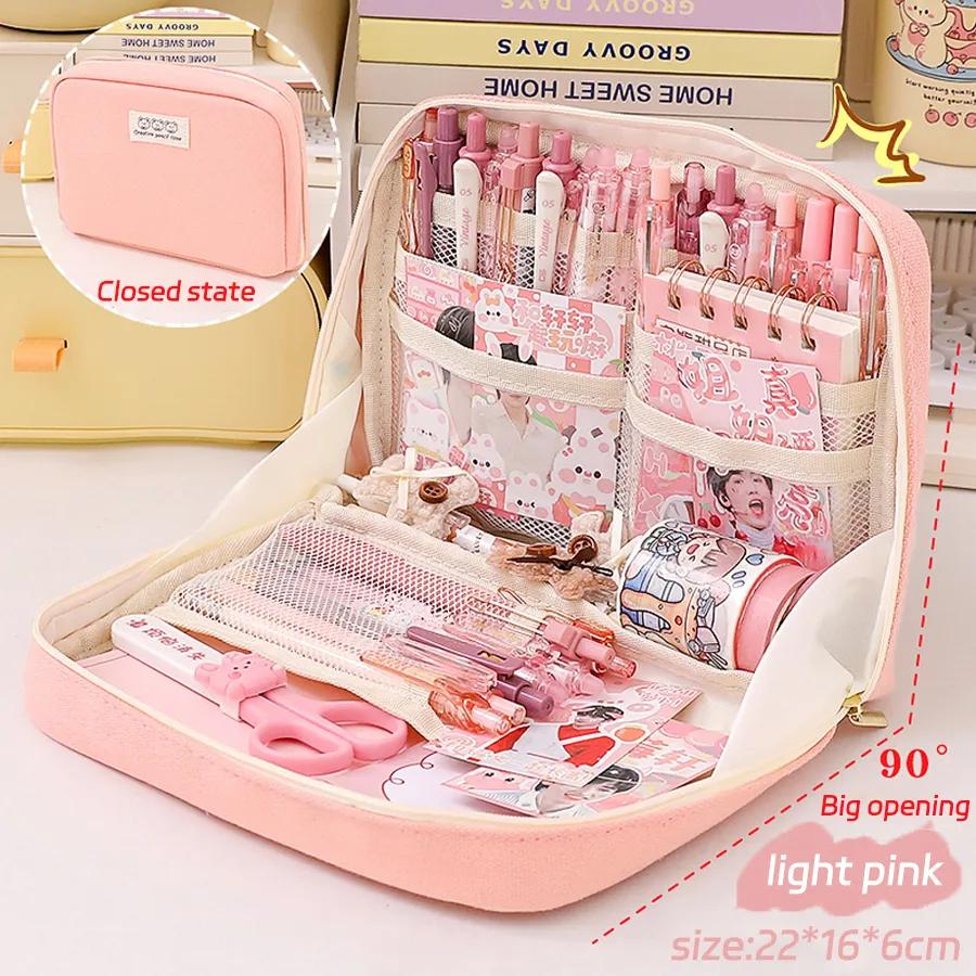 Large Capacity Pencil Bag Aesthetic School Girls Pink Canvas Pencil Box Stationery Pen Case Zipper Pencil Pouch School Supplies