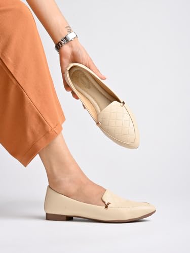 Shoetopia Women S Block Heel Ballet Flats Cream-Eu37 /Uk4 4 UK