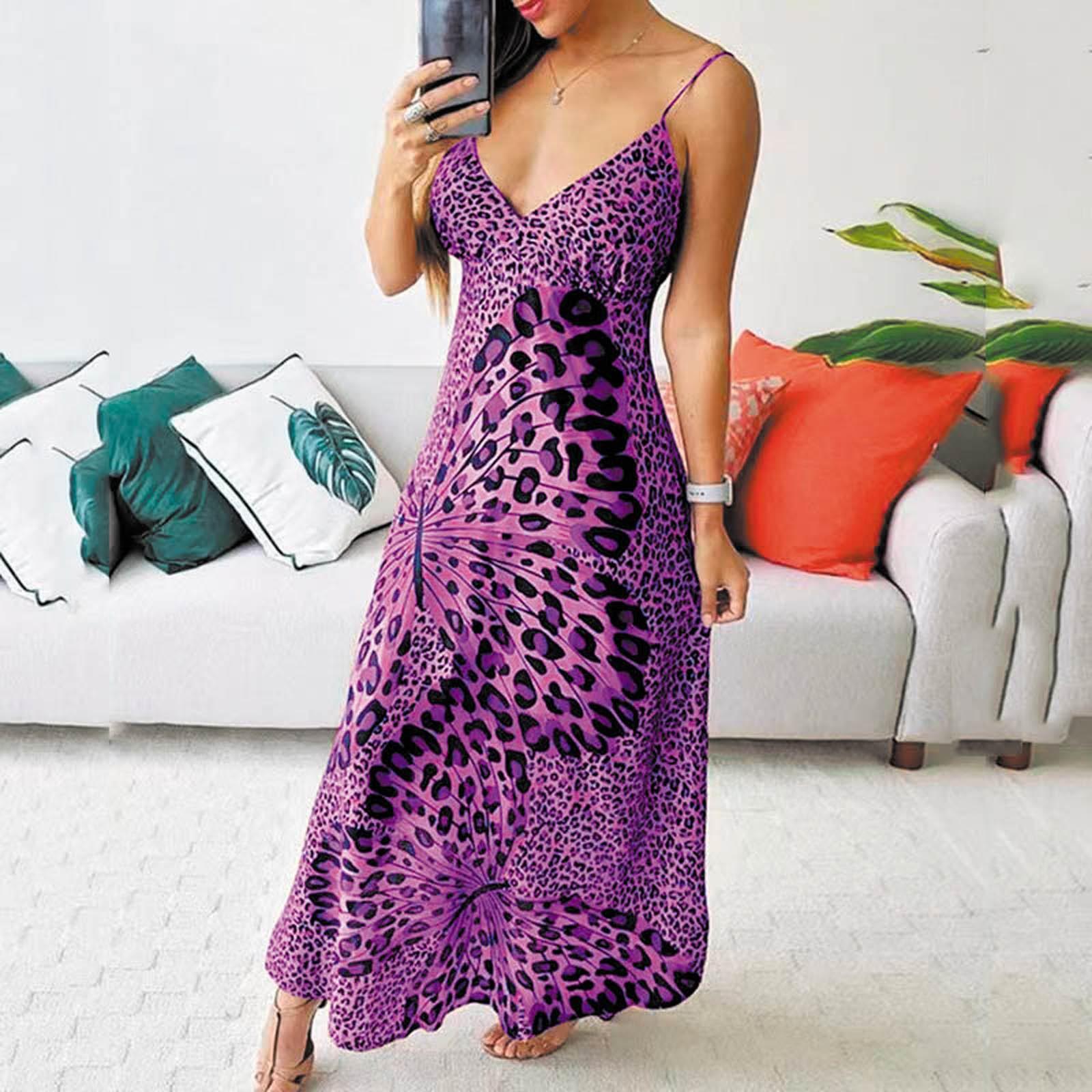 Women s Fashion Casual Suspender Leopard Print Butterfly Print Dress V-neck Sleeveless Leggings Dress XXL фиолетовый