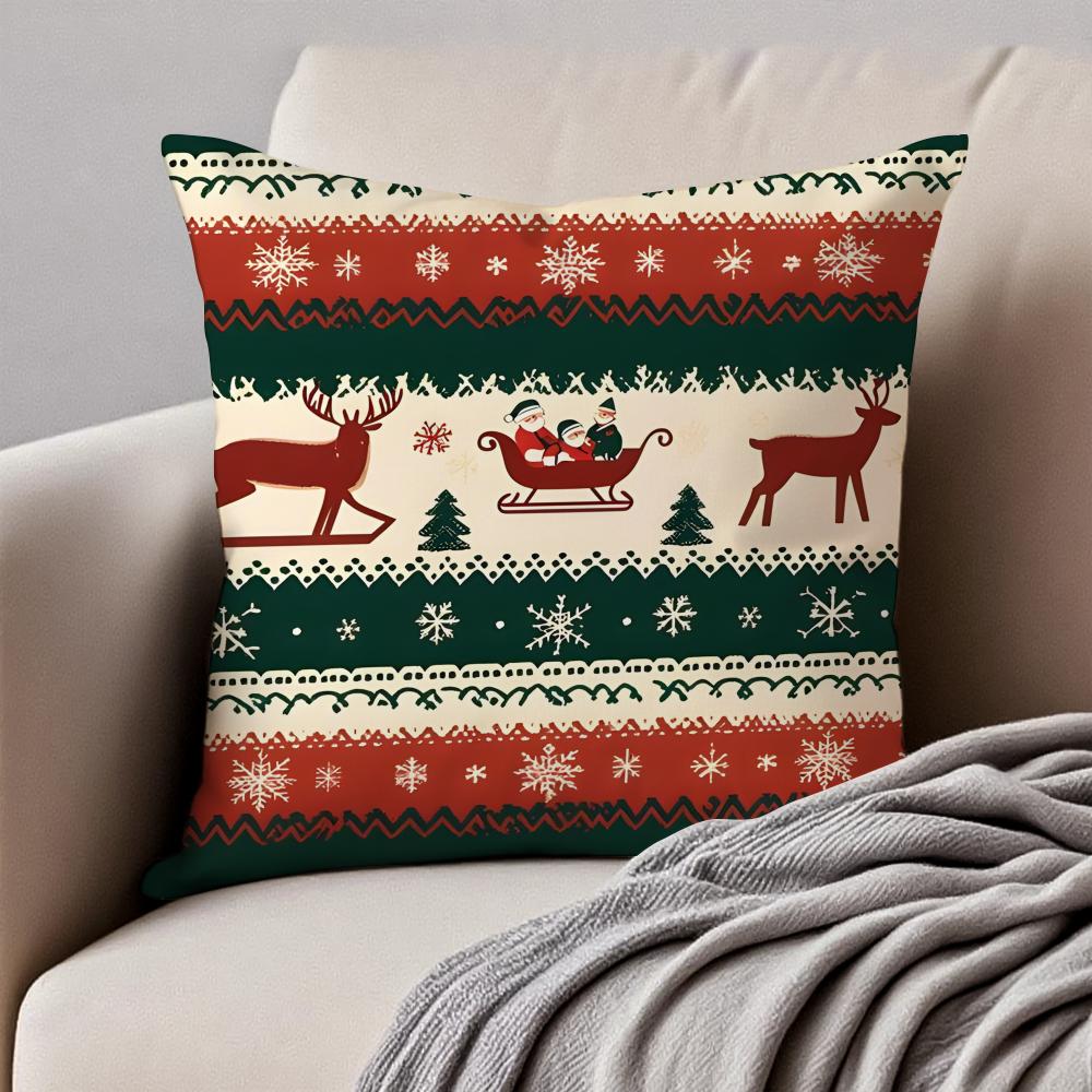 Christmas Illustration Festive Cushion Cover Pillowcase Antidustmite Invisible Zipper Short Plush Sofa Cushion
