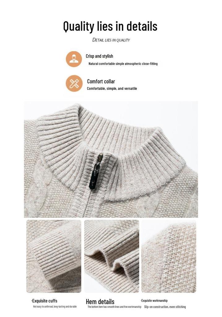 Herren-Strickpullover aus reiner Wolle, dick, für Herbst & Winter, mit halbem Reißverschluss