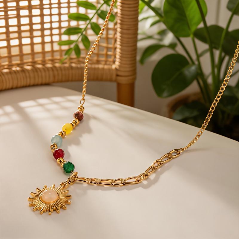 1PC Gold Opal Sun Pendant Mixed Color Stone Stainless Steel Pendant Necklace, French Retro