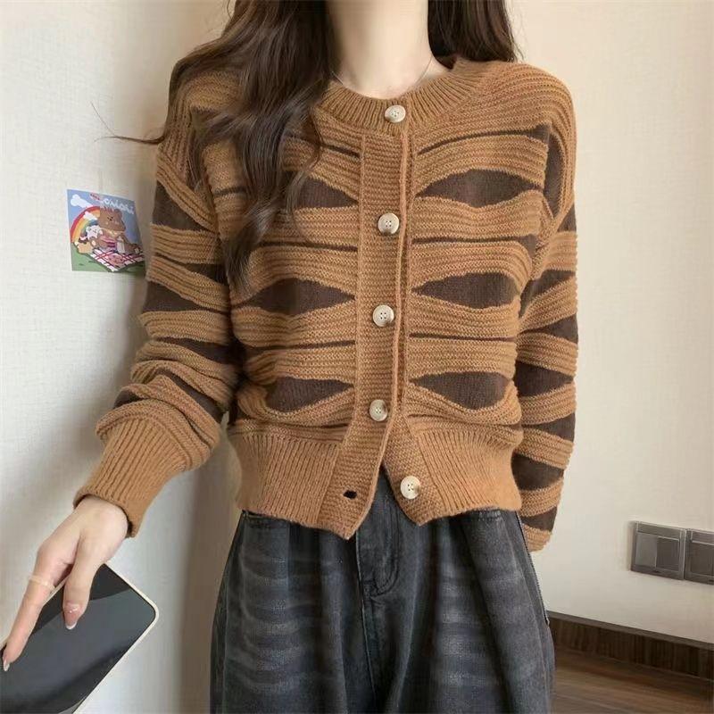 

Осенний свитер в волнистую полоску для женщин, Нишевый вязаный кардиган, Универсальная верхняя одежда в стиле кэжуал 2XL кофейный