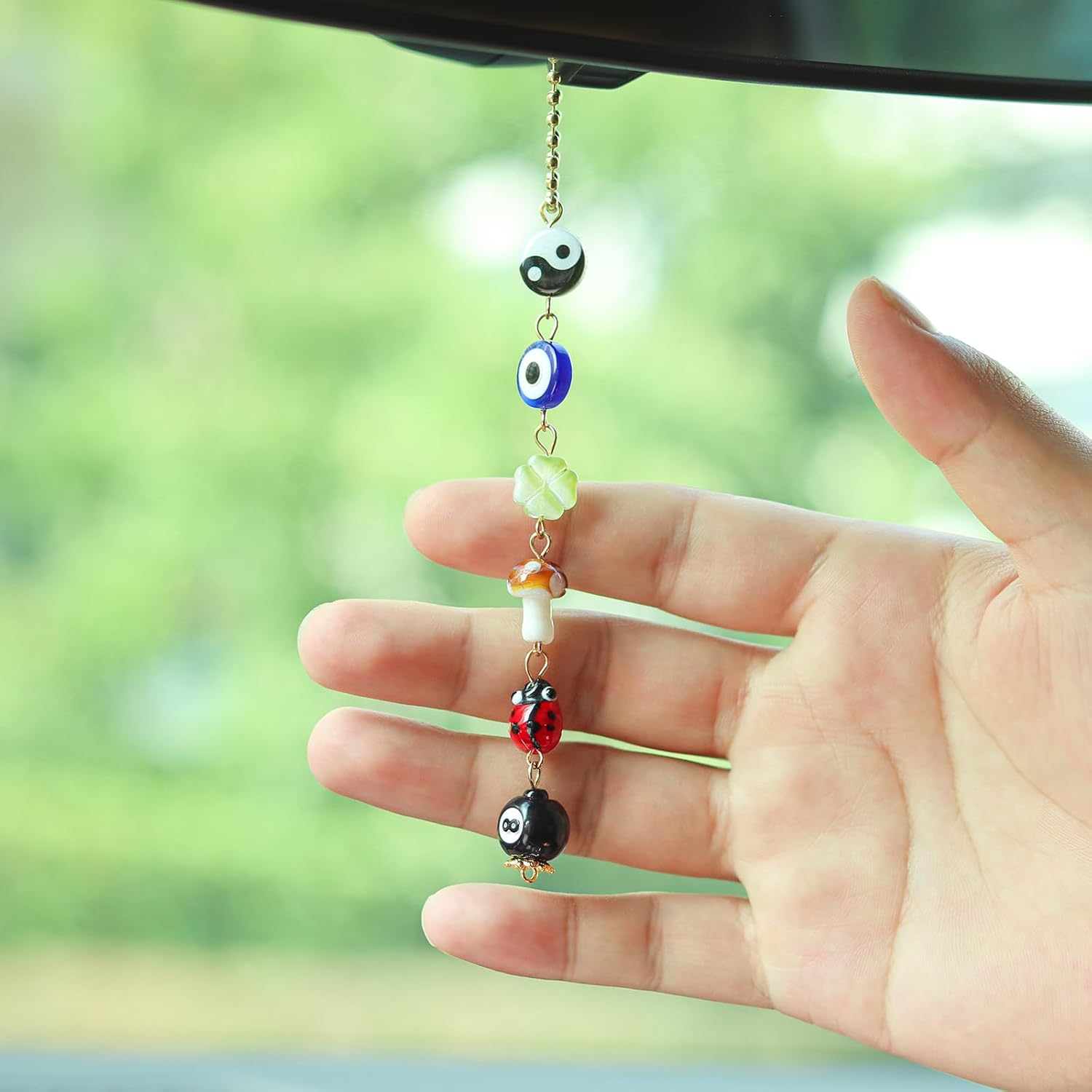 Evil Eye Car Hanging Ornament,Good Lucky Days Charm,8 Ball Mushroom Four-Leaf Clover Pendant for Car Rear View Mirror,Cute Boho Evil Eye Ladybug Yin