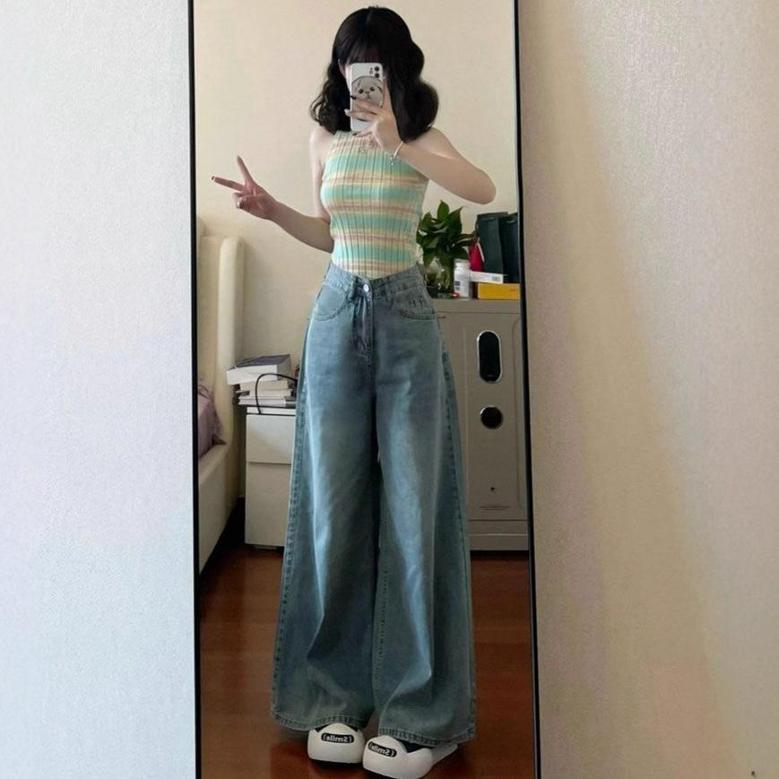 Hunderte von Straight Jeans Damen Sommer High-waisted Skinny Weitbeinige Hosen Locker Fallend Schleppende Bodenhosen Retro Baggy Lange Jeans für Damen