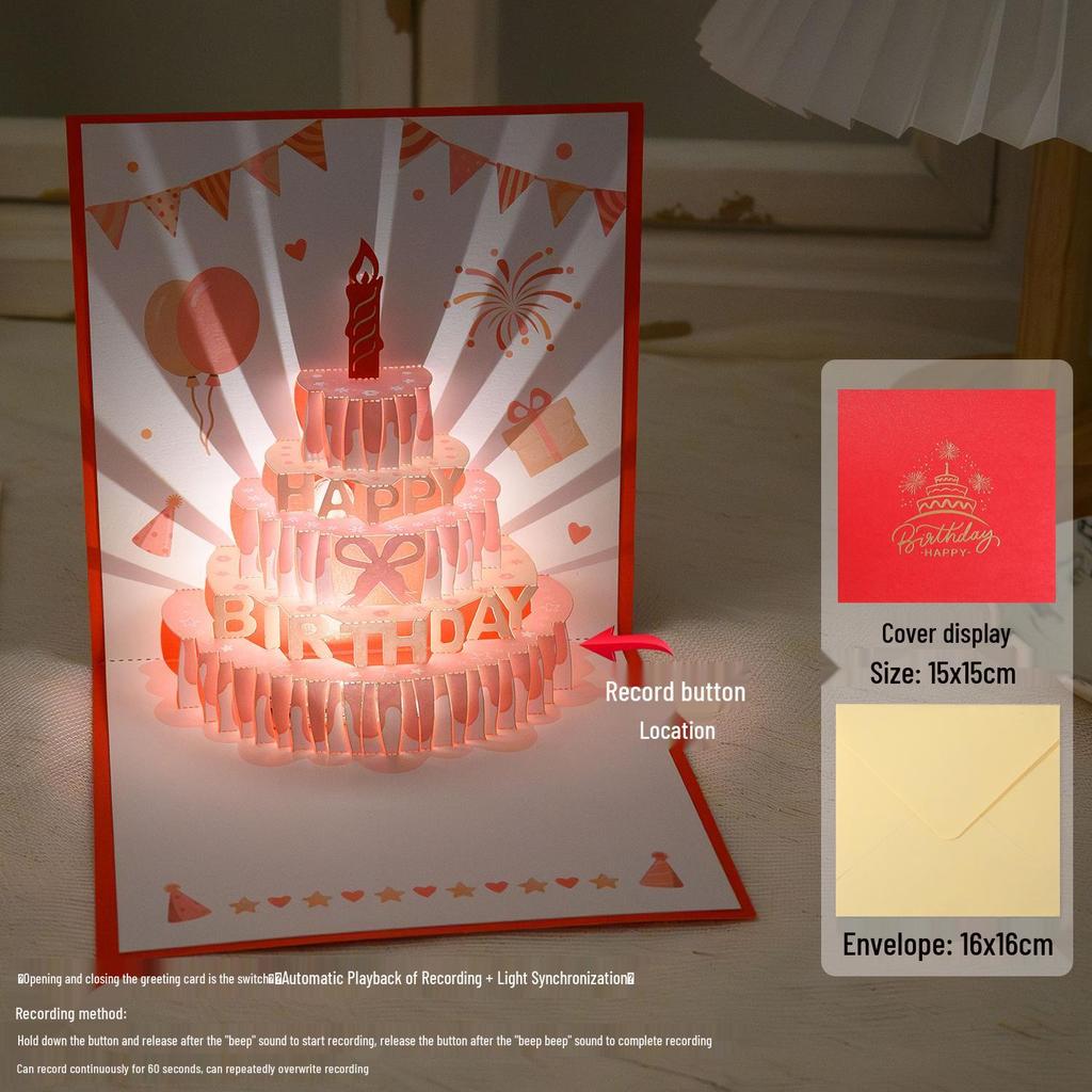 3D Pop-Up Birthday Sound Card with Recording Light - Cake Design for Boyfriend/Girlfriend Gift
