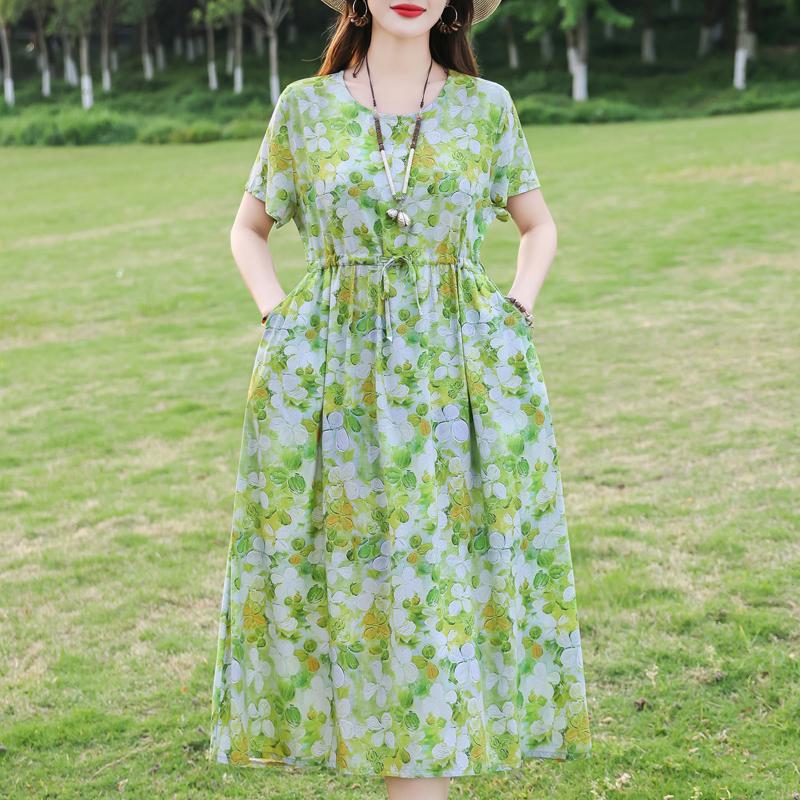 Plus Size Women's Long Dress Summer  Short Sleeve Vintage Print Dress for Women
