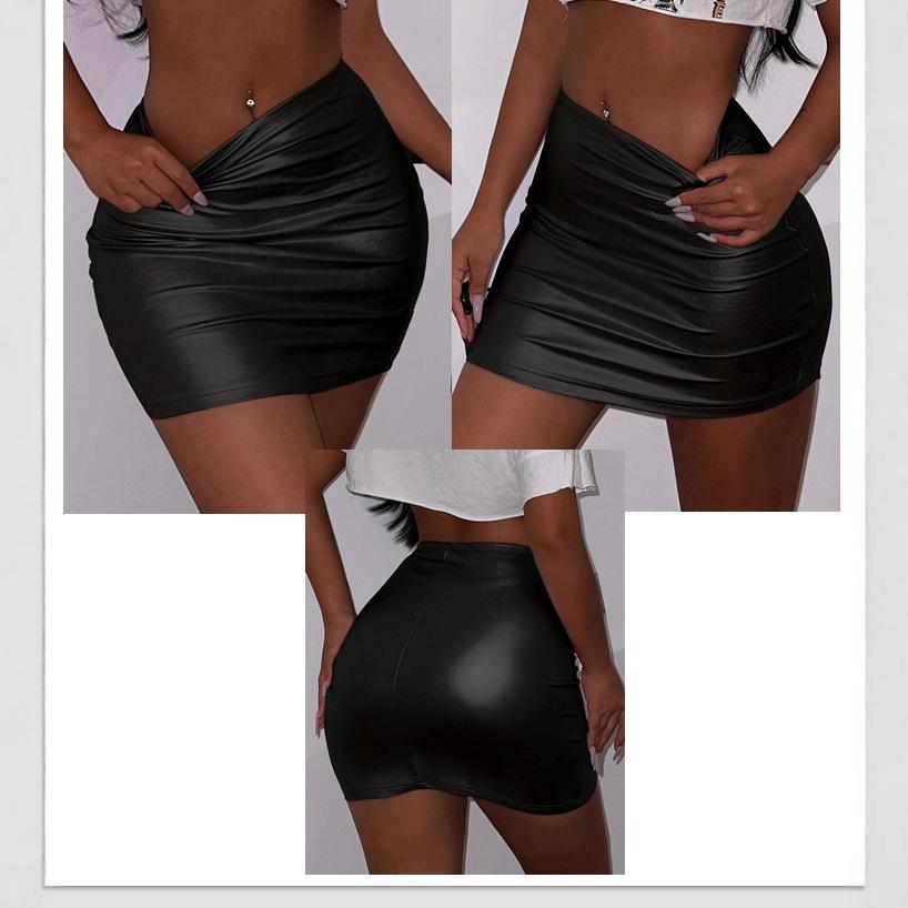 New women s skirt hip-wrapped short skirt PU leather sexy black leather skirt S чёрный