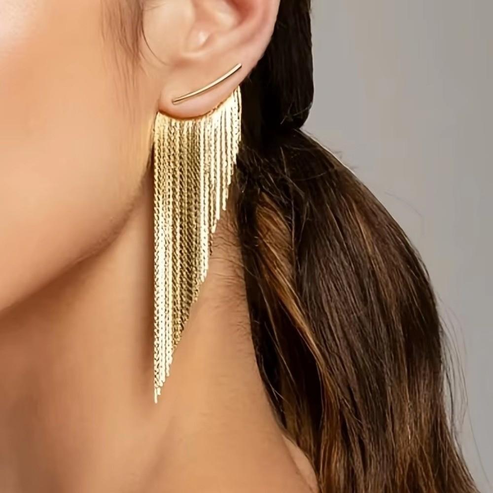Metal Tassel Stud Earrings Geometric Shining Long Tassel Earrings Light Luxury Design Golden Plated Dangle Earrings