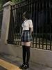 Original Plaid School Uniform Midi Skirt Set: Silver/Gold Mist, Waist-Cinching, Pure Desire Style
