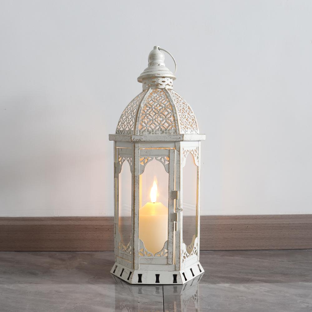 Small Vintage White Hanging Candle Lantern Metal Candle Holder for Home Wedding Decor