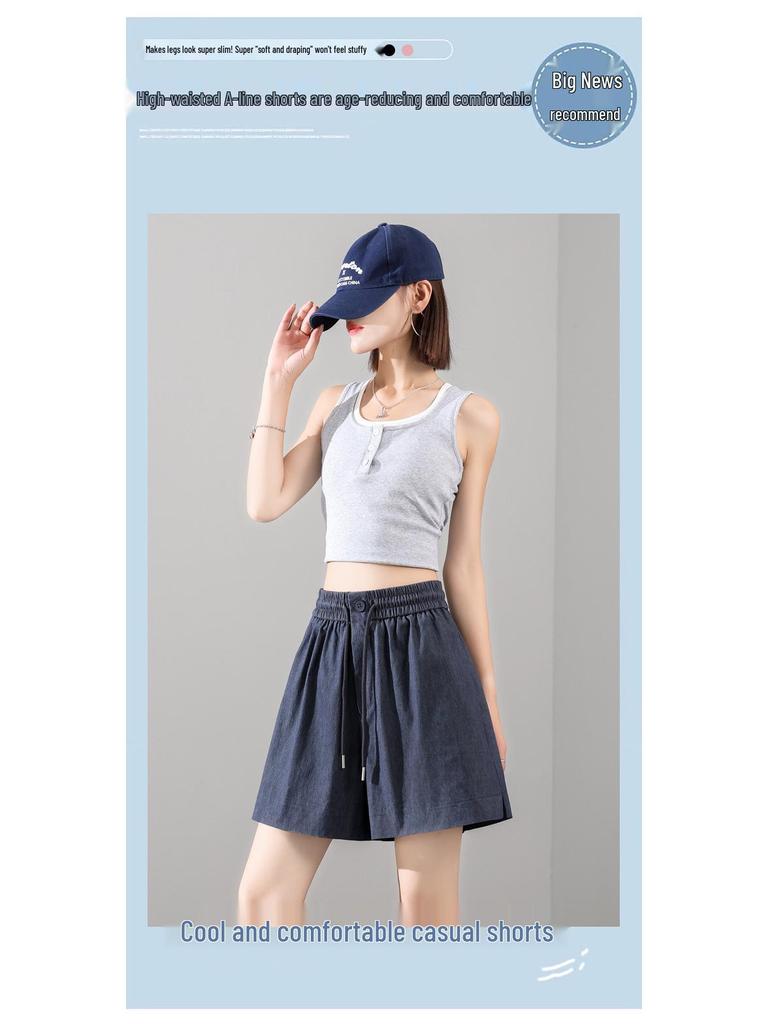 Dámské modré ledové hedvábí rychleschnoucí s vysokým pasem áčkového střihu s elastickým pasem volné ležérní široké nohavice střední délky 2025