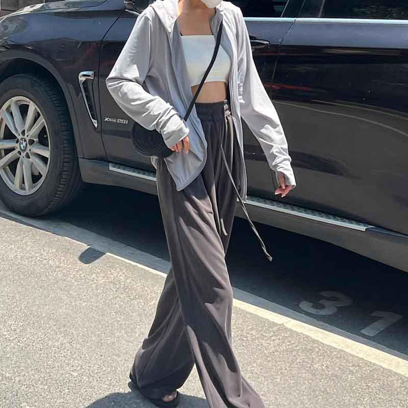 

Petite Summer High Waist Wide Leg Pants for Women - 145cm Thin Ice Silk Straight Draping Slimming Design M (96-105 kg)