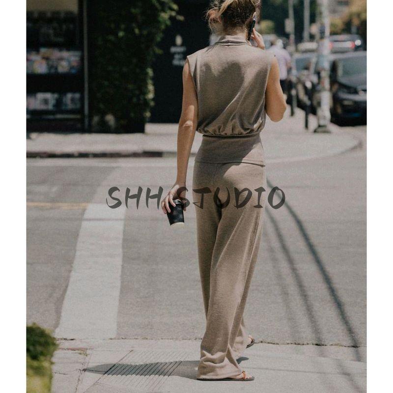 Seersucker Double Placket Top 5067164 Pique Basic Mid Waist Wide Leg Casual Trousers 5067165