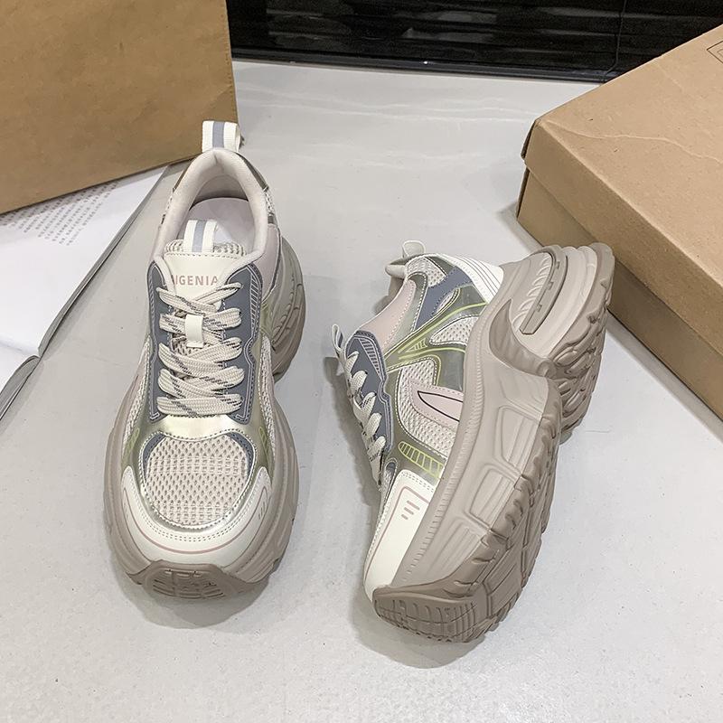 Leather Platform Dad Shoes Women's 8cm Fashion 2025 Autumn New Versatile Lightweight Inner Height Increase Casual Sports Shoes