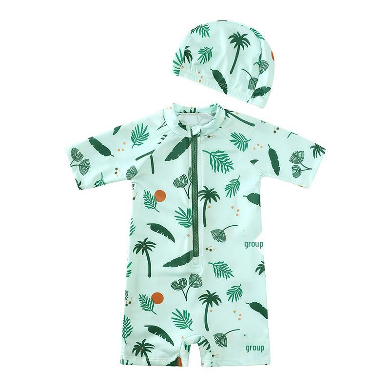 Kids' Floral One-Piece Swimsuit with Zipper and Swim Cap - Boys and Girls' Modest Design