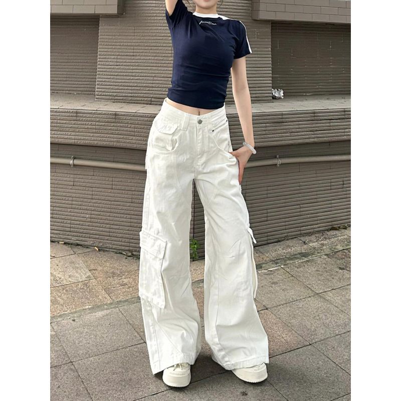 Plus size American High Street White Cargo Jeans Women Summer High Waist Straight Loose Drape Mop Wide Leg Pants