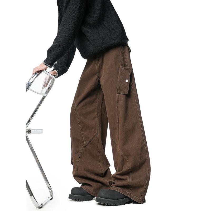 51 Hip-Hop American Retro Coffee-Colored Scimitar Jeans for Men, Spring and Autumn Washed Cotton Loose Straight Wide-Leg Work Pants