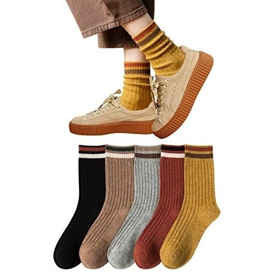 Yazon socks womens cotton crew length stylish loose cute colorful four seasons breathable warm set 5 size 22-25cm