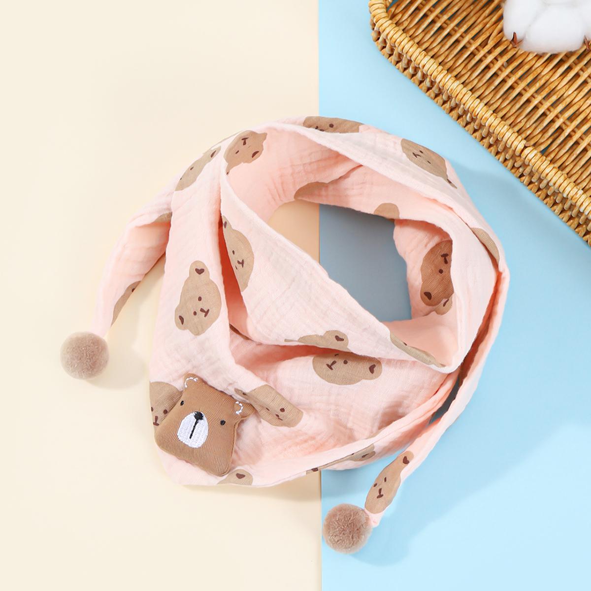 Kids Double Layer Bear Triangle Scarf Soft Cotton Lining Warm Autumn Winter Baby Neckerchief for Boys and Girls