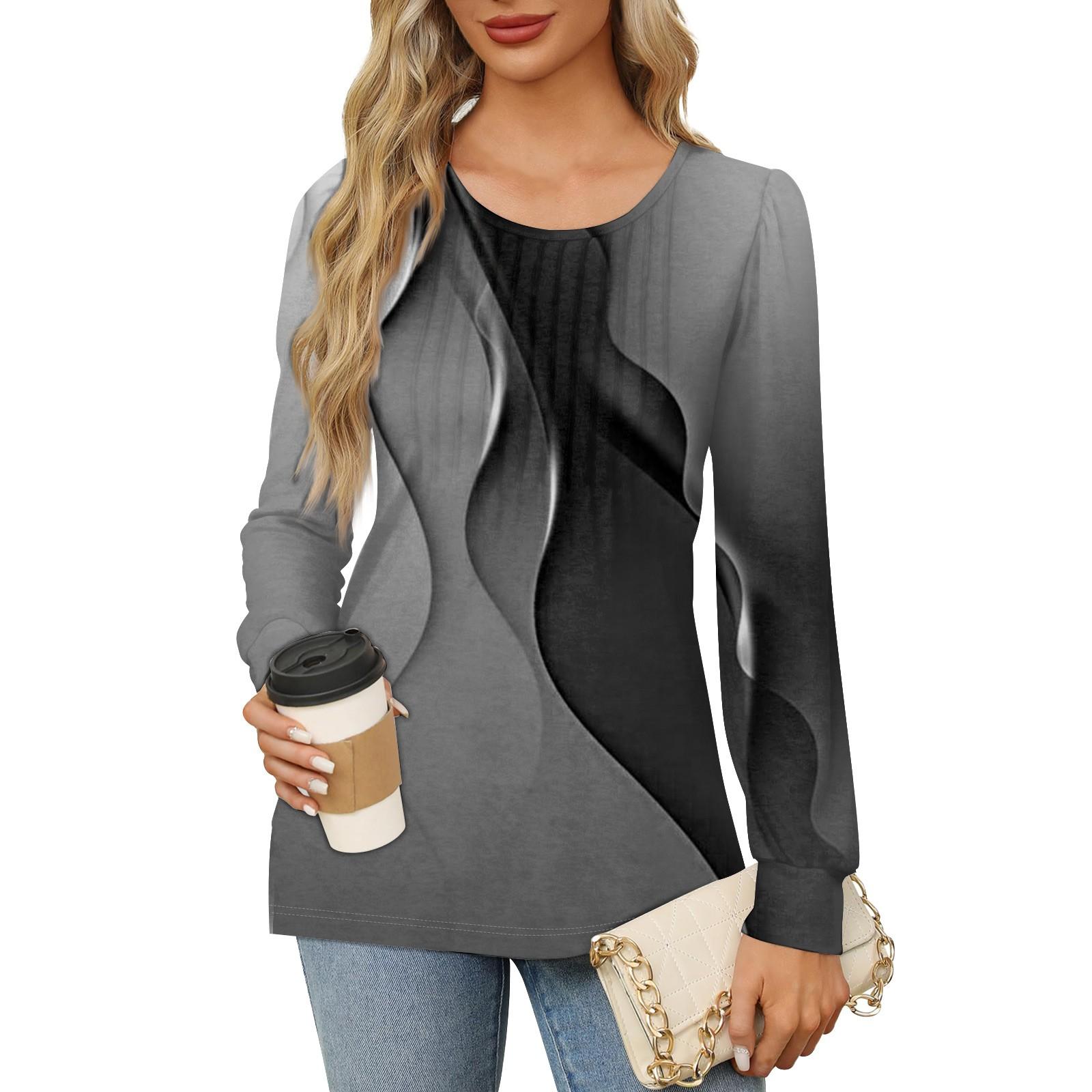 

Женская повседневная плиссированная футболка с круглым вырезом и длинными рукавами с градиентным принтом L серый